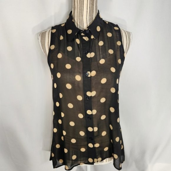 Sans Souci Black w/Tan Dots Button Down Collared Sleeveless Top Size Small - Picture 3 of 11